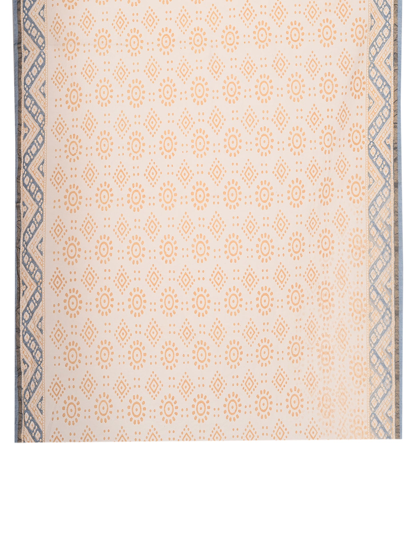 Beige and blue hand block printed saree in cotton silk with a gold border and matching blouse by naitri.in