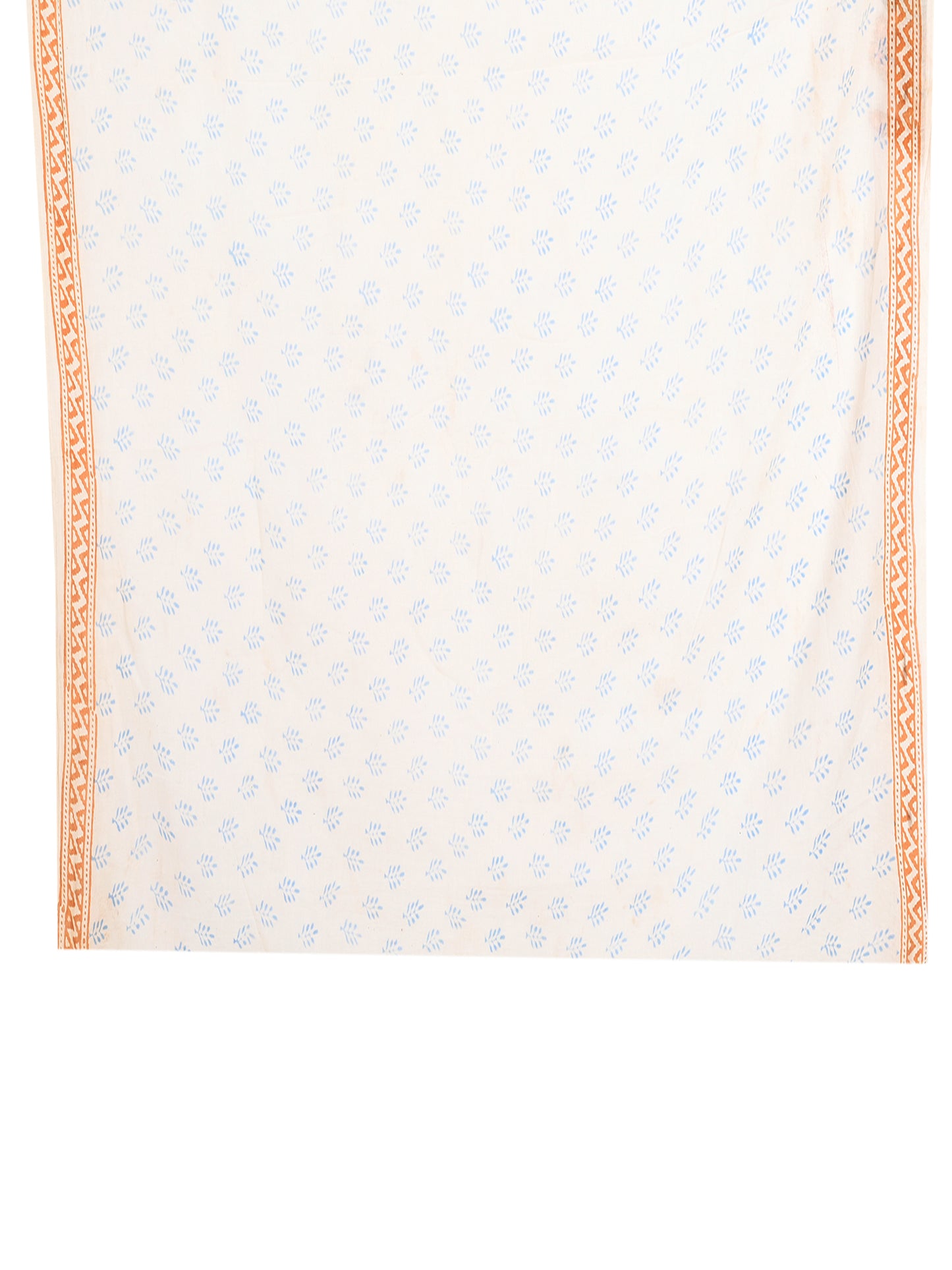 Blue and white hand block printed saree in premium cotton with a gold-toned border and matching blouse piece.