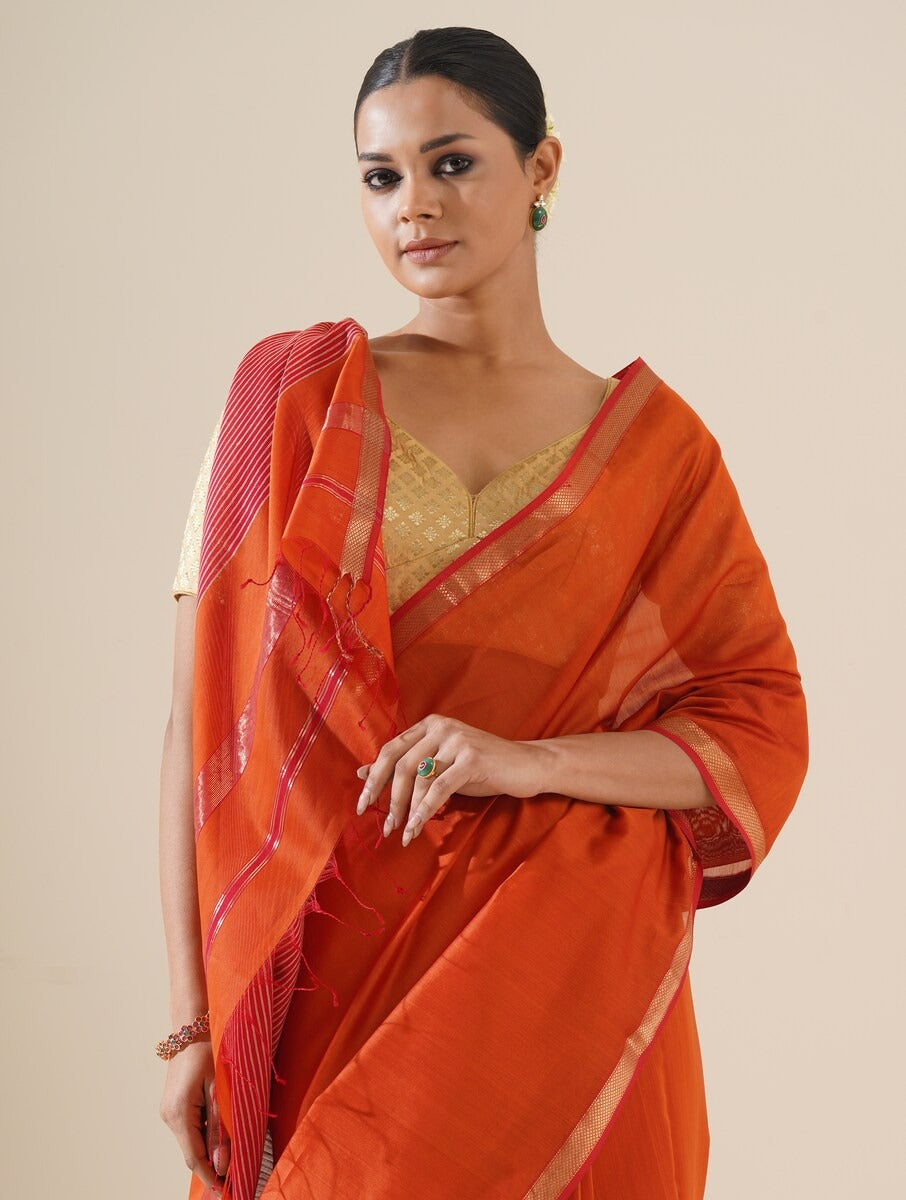 Red & Orange Maheshwari Saree with Blouse Piece