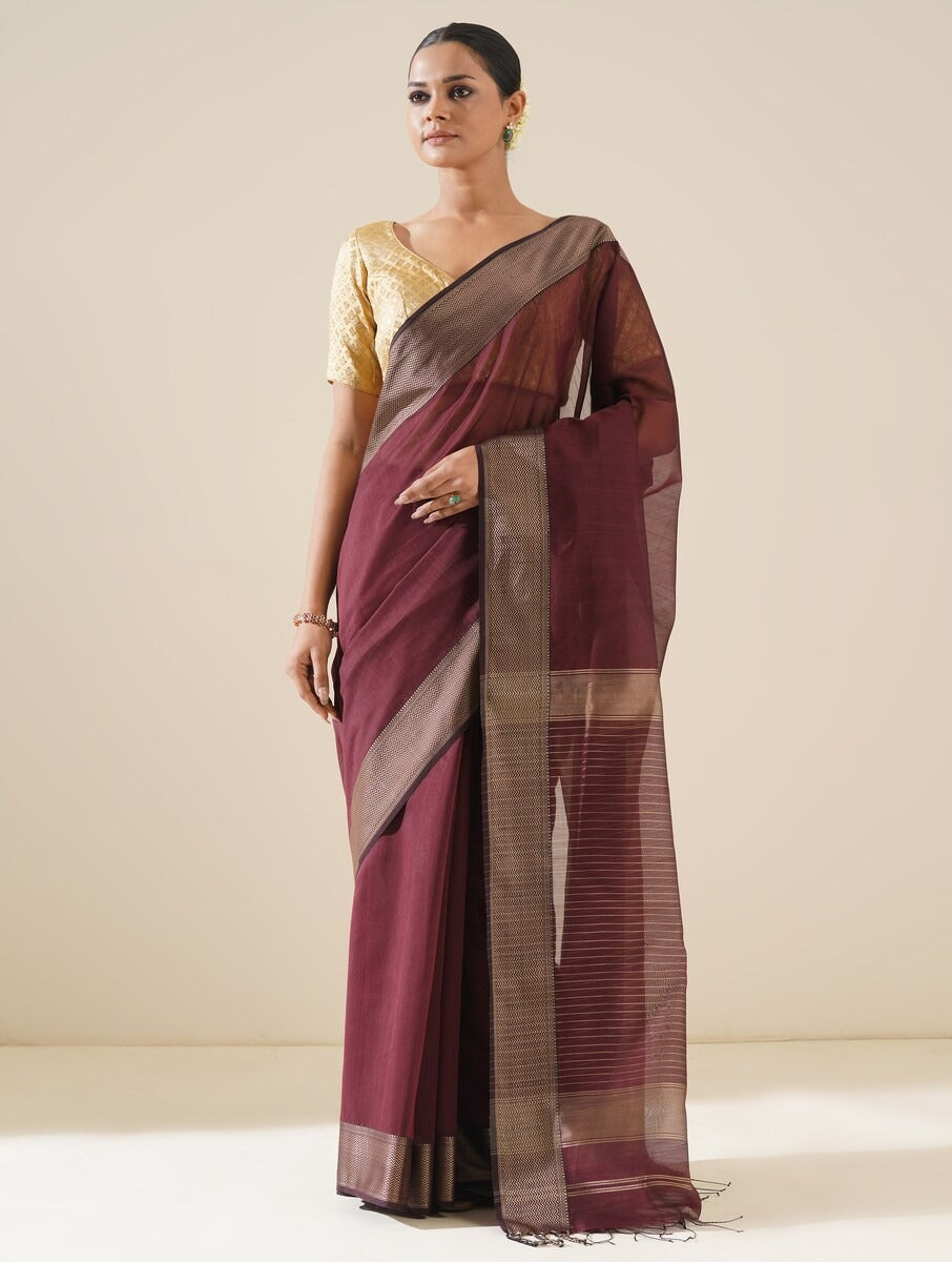 Wine Maheshwari Saree with Blouse Piece