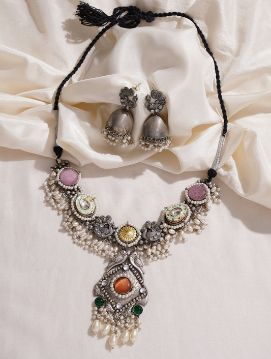 Multicolor and silver choker necklace set with earrings, Shrivalli by Naitri.
