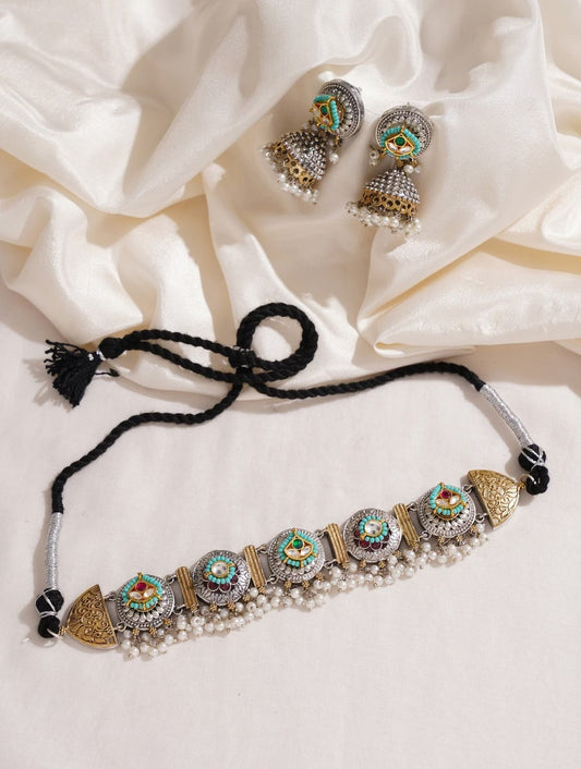 Black, gold, and silver choker necklace set, Angana by Naitri.