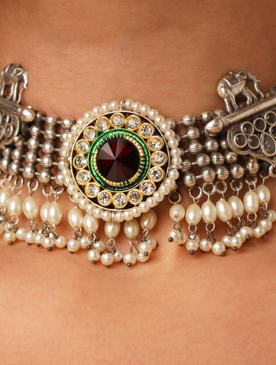 Black and silver choker necklace set, Luxe by Naitri, intricate pattern.