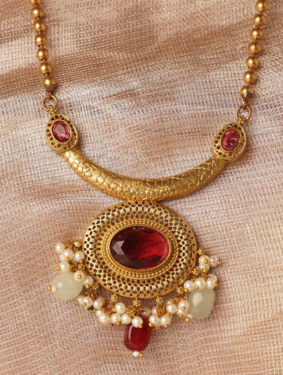 Gold dangle pendant necklace set, Khushi by Naitri, ethnic design.