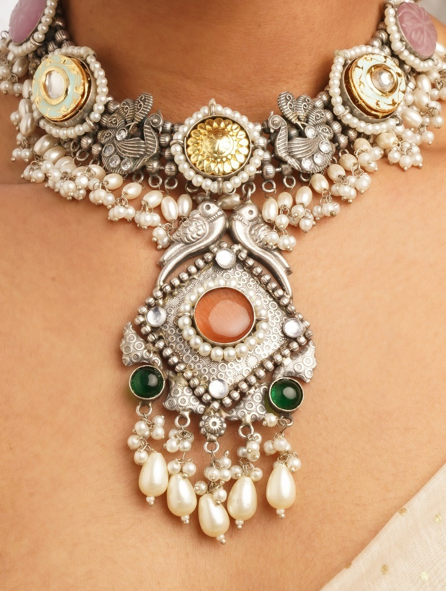 Multicolor and silver choker necklace set with earrings, Shrivalli by Naitri.
