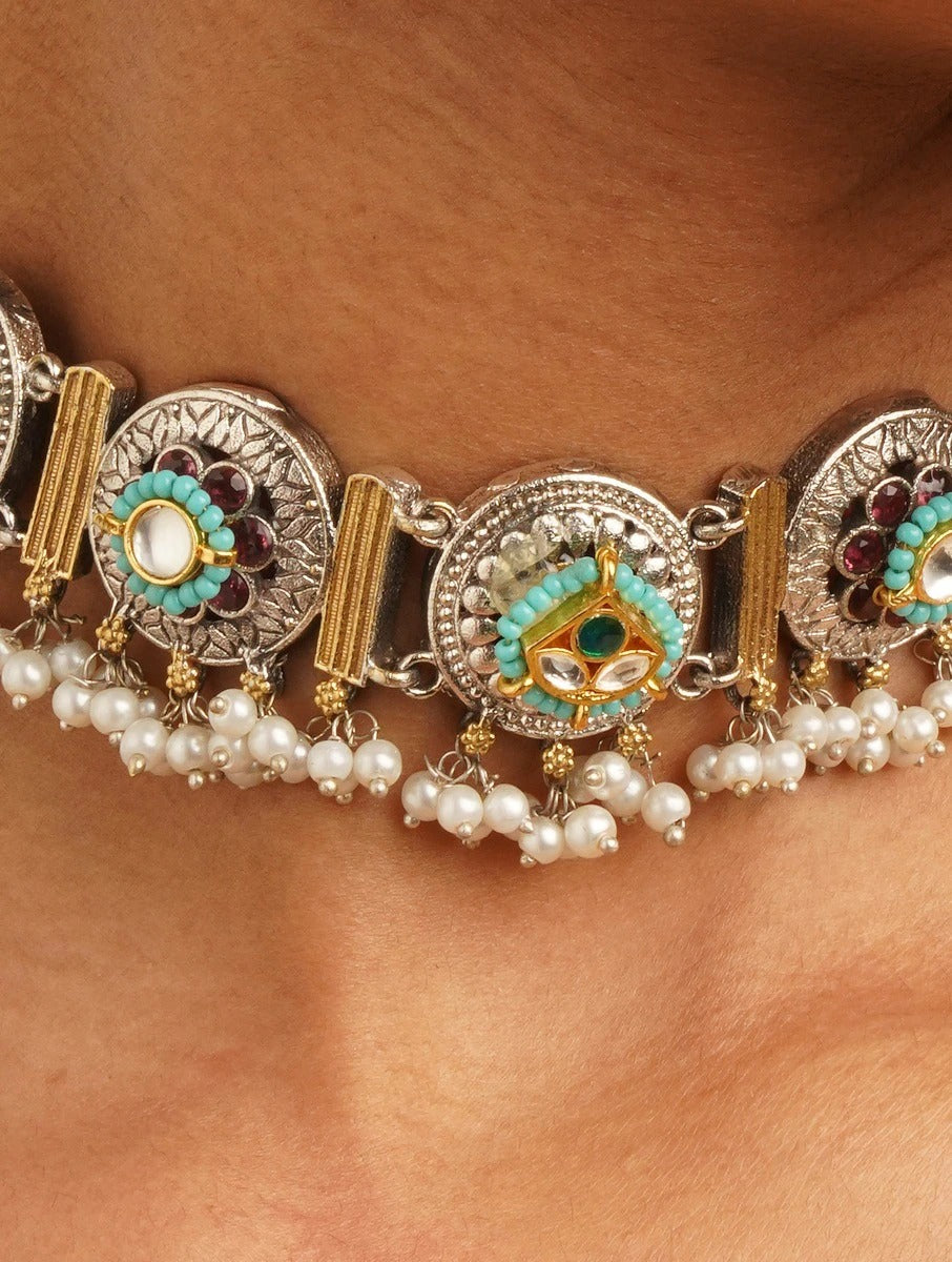 Black, gold, and silver choker necklace set, Angana by Naitri.