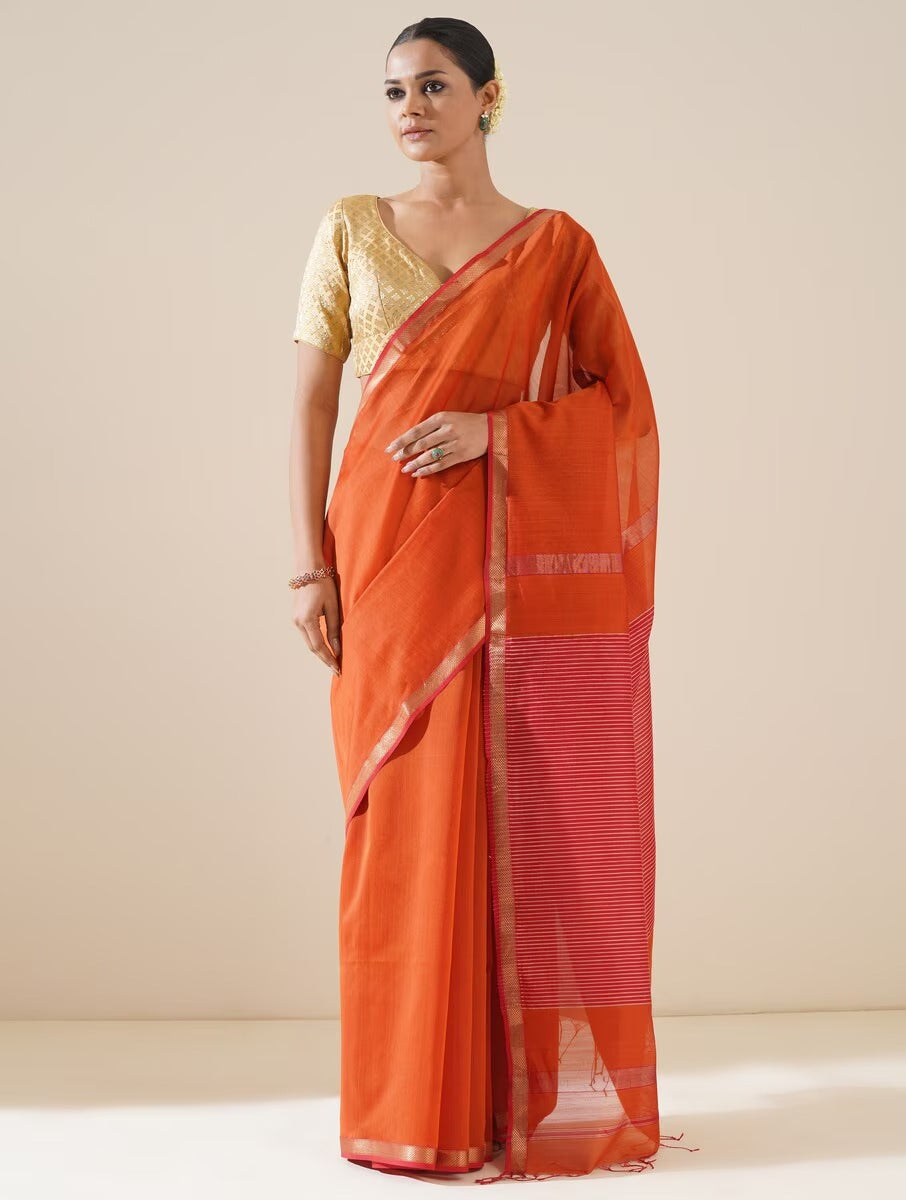Red & Orange Maheshwari Saree with Blouse Piece
