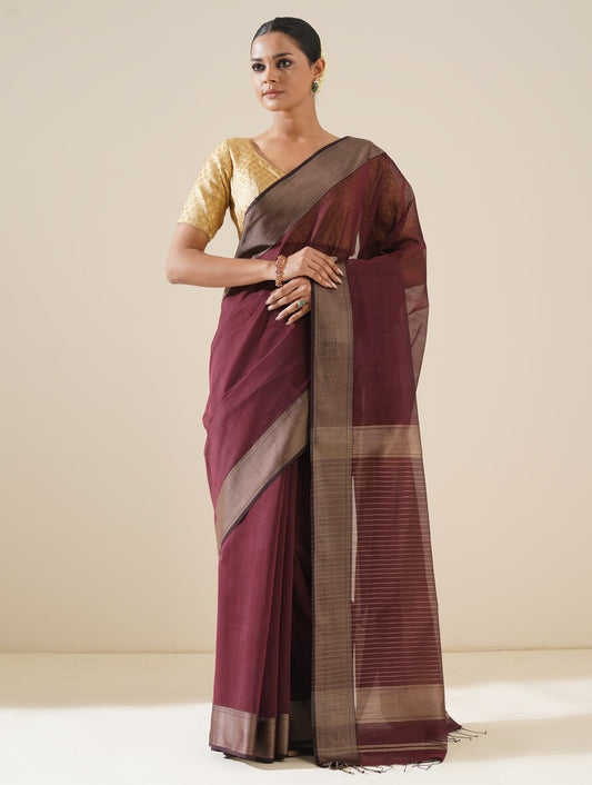 Wine Maheshwari Saree with Blouse Piece