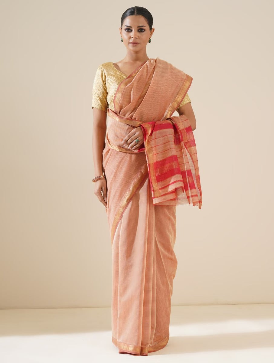 Peach & Red Maheshwari Saree