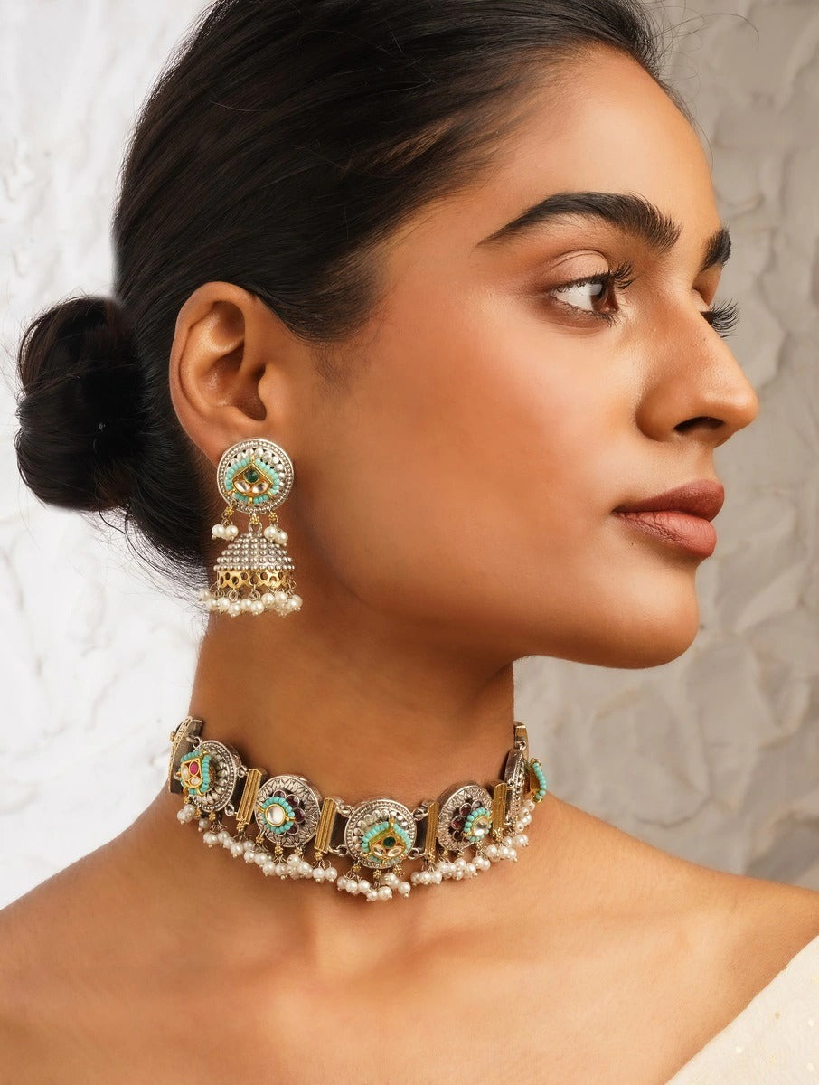 Black, gold, and silver choker necklace set, Angana by Naitri.
