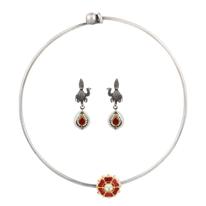 Dual-tone red and silver hasli necklace, Meesha Hasli Set by Naitri on bust form.