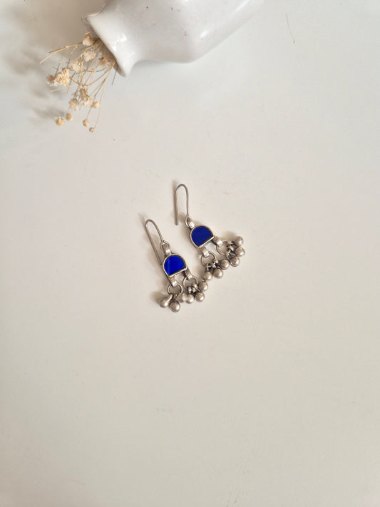 Blue glass and metal dangle earrings, detailed and hand-finished