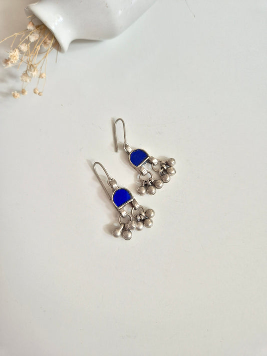 Blue glass and metal dangle earrings, detailed and hand-finished
