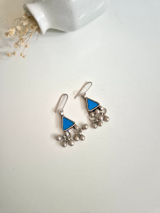 "Handcrafted blue glass earrings with dangle design, Viya Glass Earrings by Naitri.",