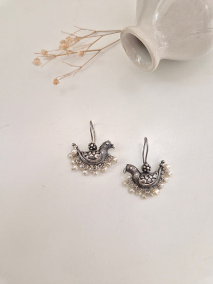 Suveera Earrings, handcrafted oxidized earrings with unique bird design, charming and lightweight.