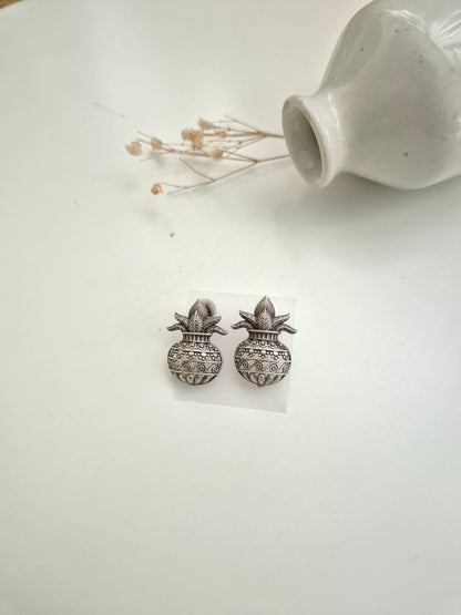Naimisha Earrings, silver handcrafted oxidized stud earrings, unique handmade accessory.