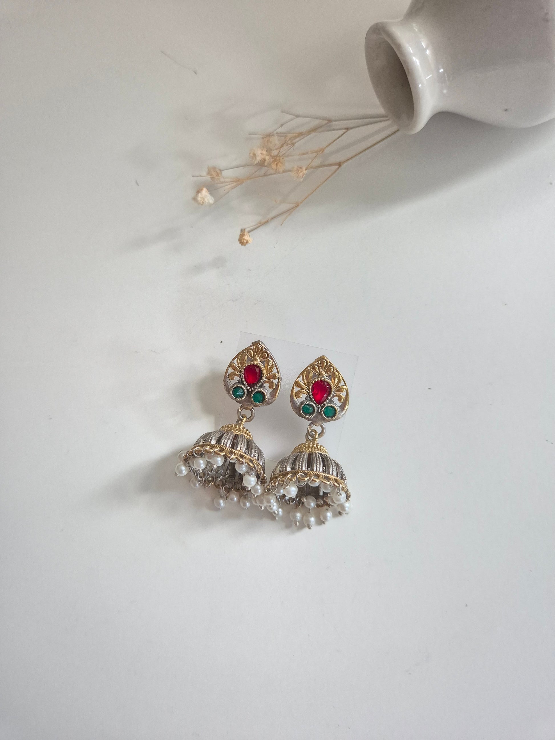 Mandira Earrings, dual tone gold and silver handcrafted oxidized jewelry, premium and stylish.