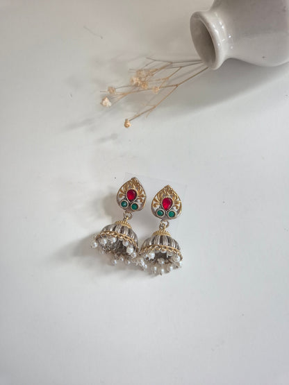 Mandira Earrings, dual tone gold and silver handcrafted oxidized jewelry, premium and stylish.