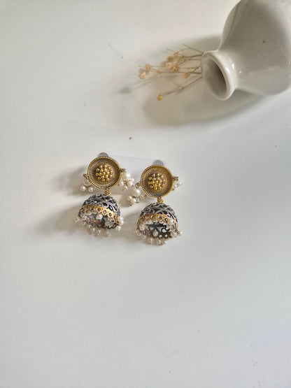 Urmi Earrings, dual tone gold handcrafted oxidized earrings, bold and fashionable statement.