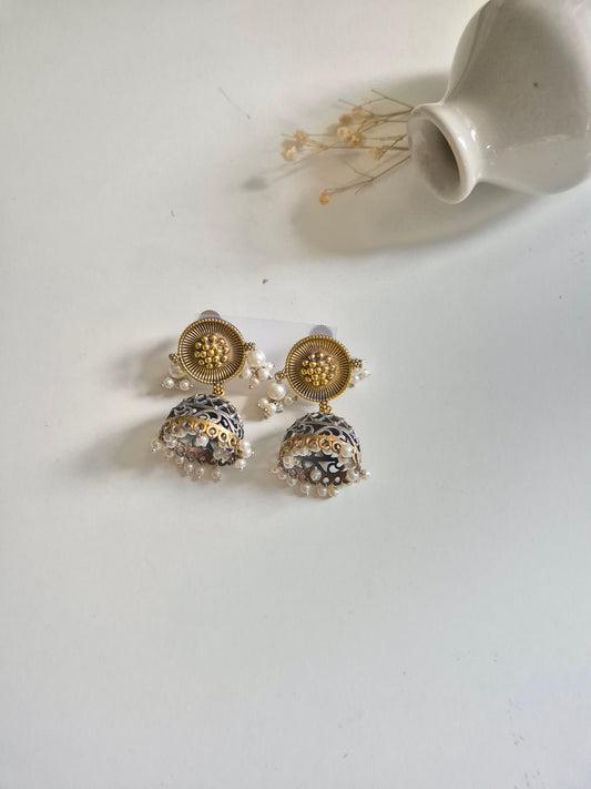 Urmi Earrings, dual tone gold handcrafted oxidized earrings, bold and fashionable statement.
