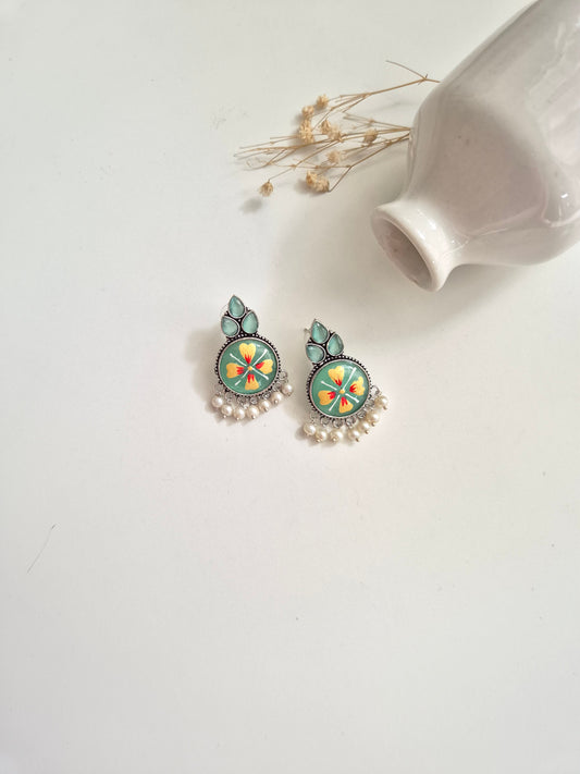 Charvi Earrings, green floral handcrafted oxidized dangle earrings for fresh, bold looks.