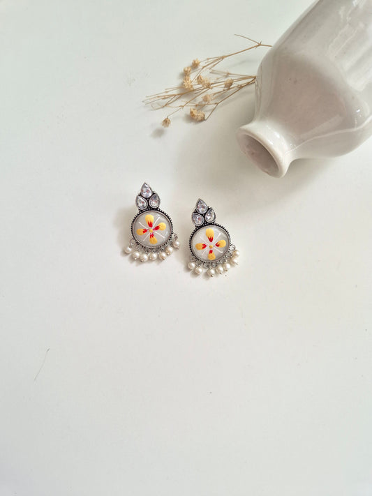Damini Earrings, silver and white floral handcrafted oxidized dangle earrings, elegant and unique.