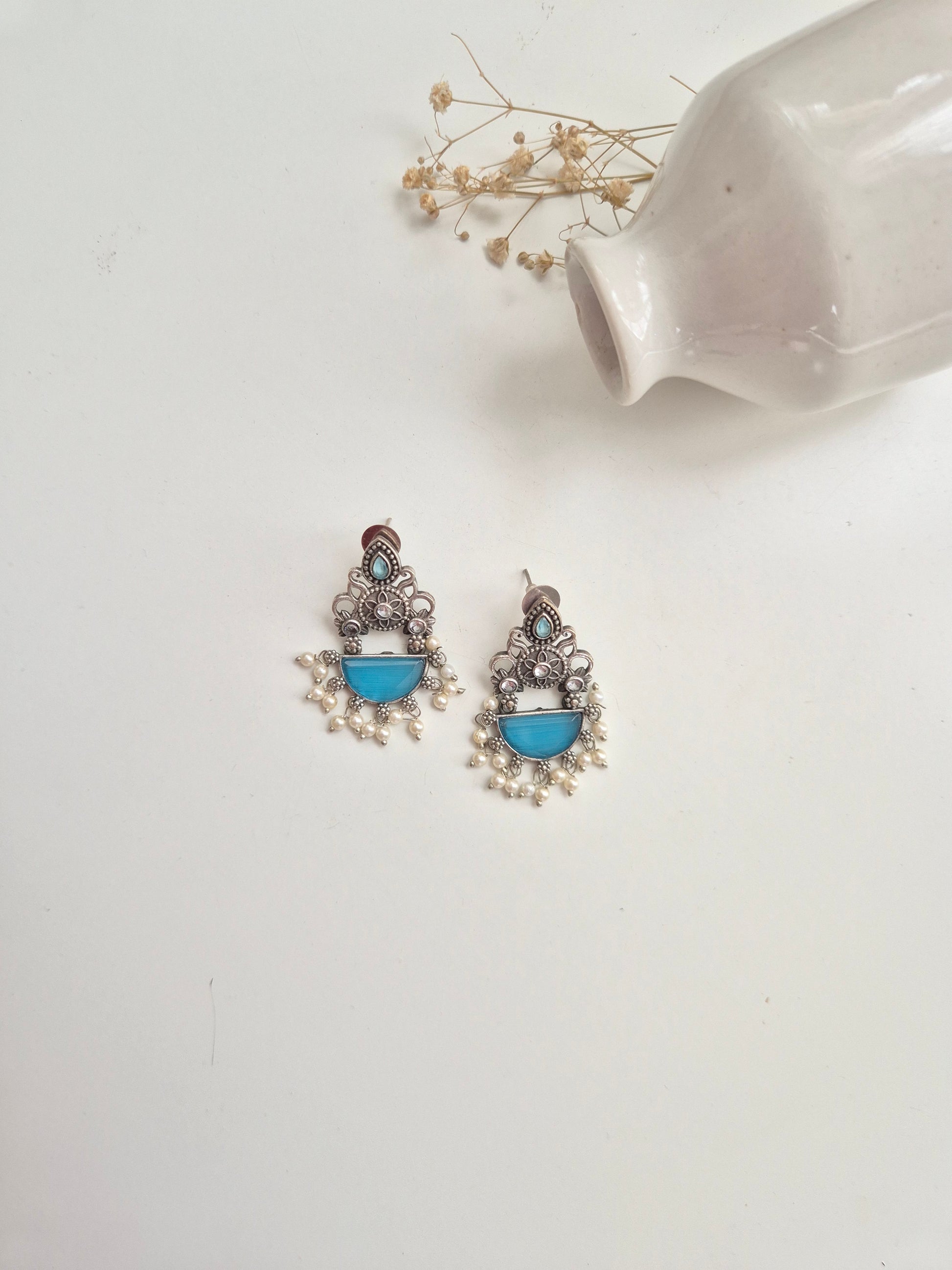 Kanchi Earrings, handcrafted blue and red oxidized dangle earrings, classic and elegant design.