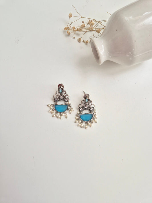 Kanchi Earrings, handcrafted blue and red oxidized dangle earrings, classic and elegant design.