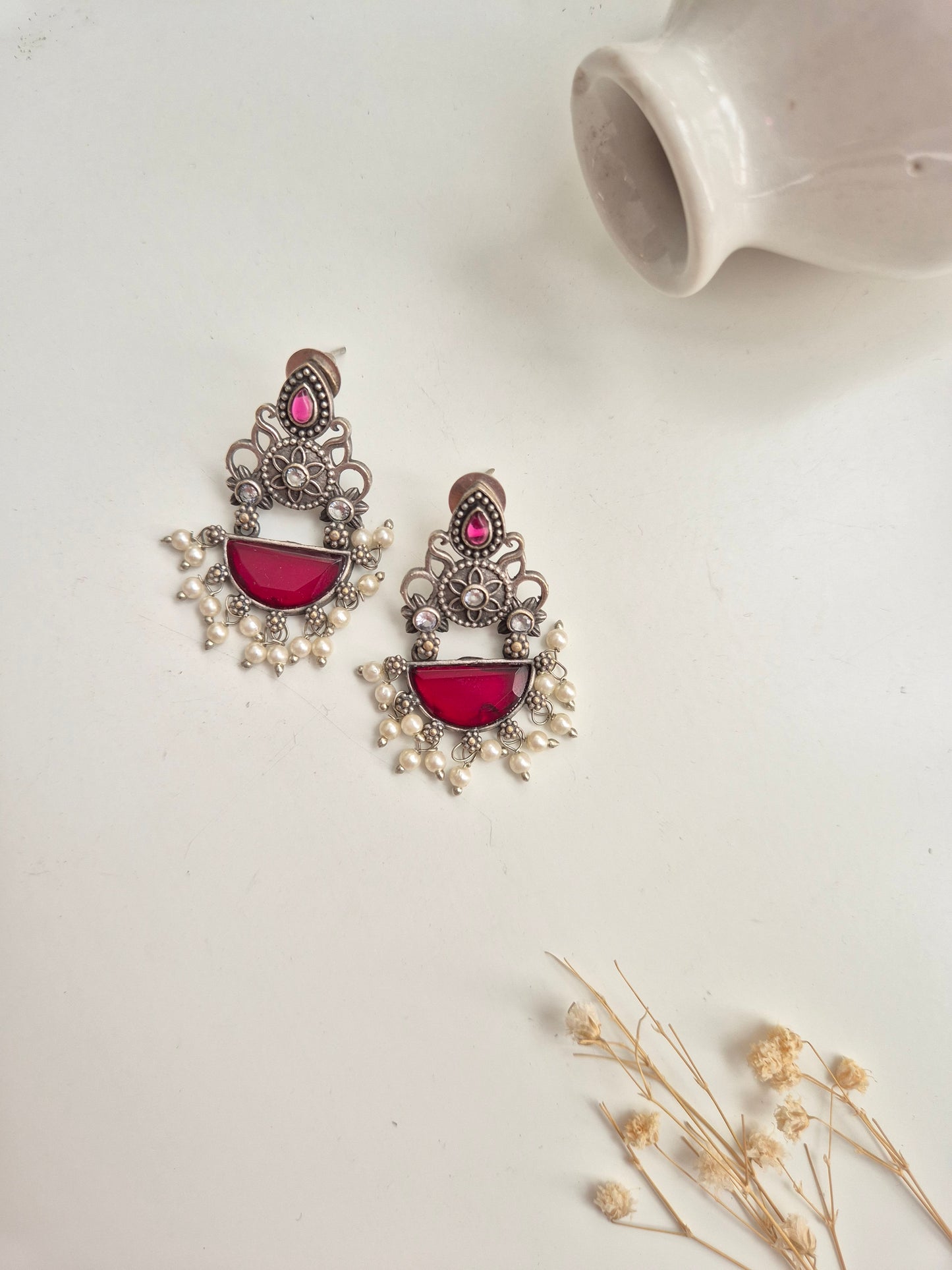 Kusum Earrings, red handcrafted oxidized dangle earrings, beautiful ethnic and modern styling.