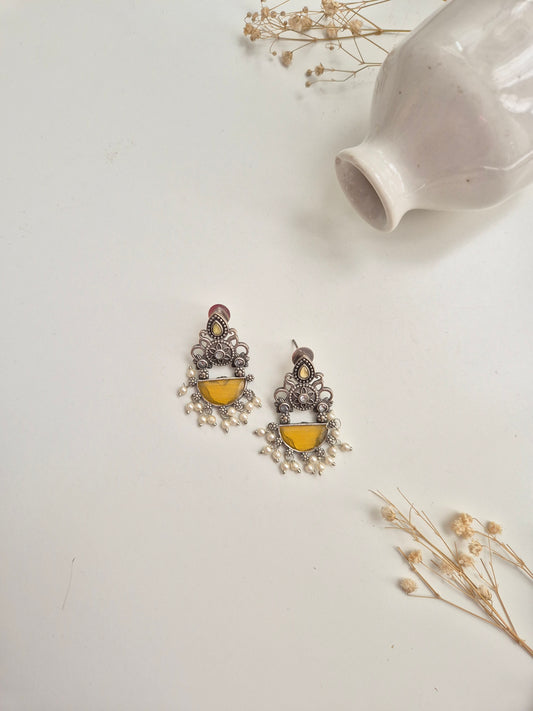 Mihika Earrings, lightweight yellow handcrafted oxidized dangle earrings, versatile accessory.
