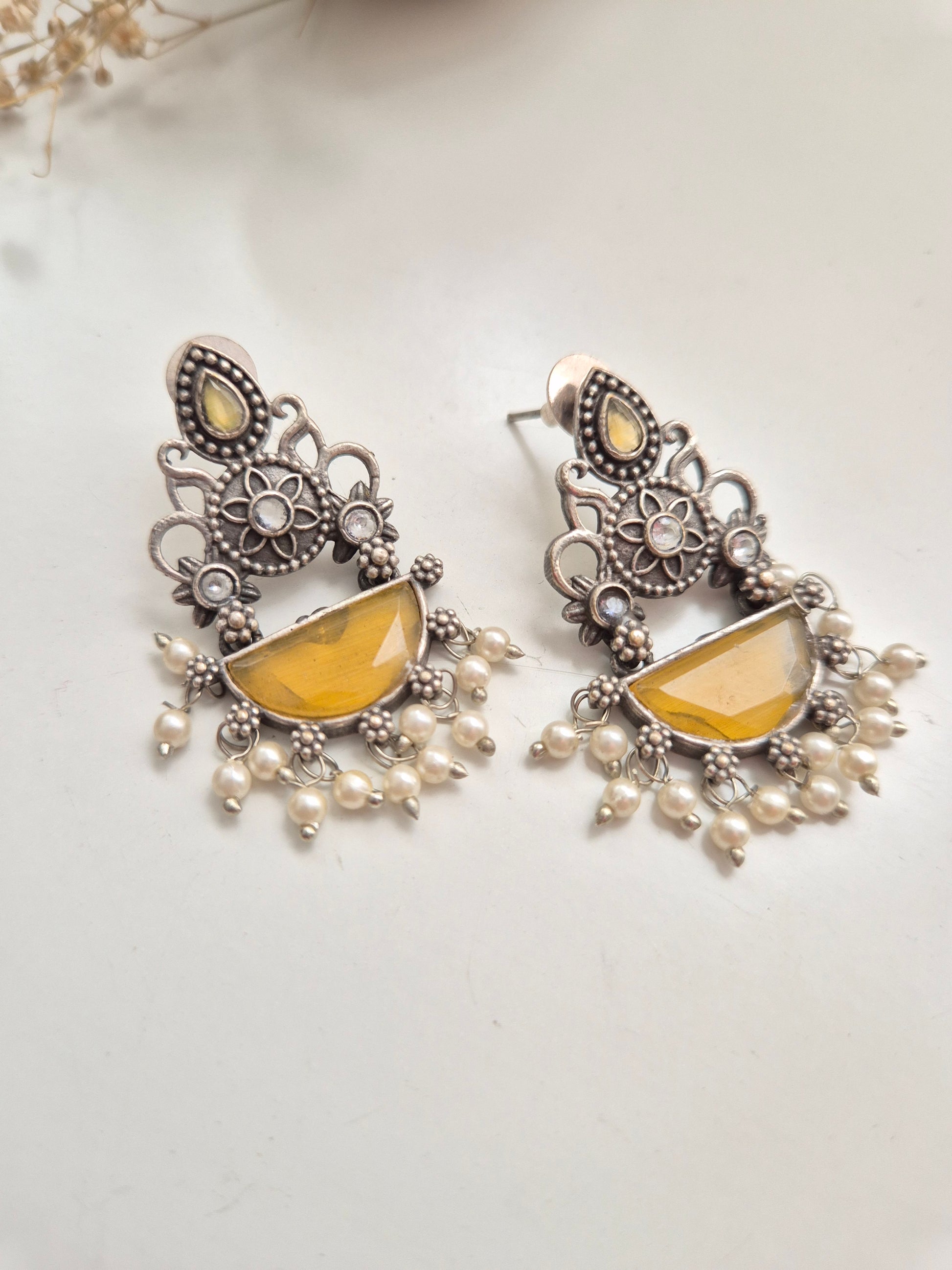 Mihika Earrings, lightweight yellow handcrafted oxidized dangle earrings, versatile accessory.