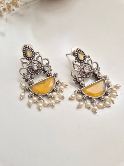 Mihika Earrings, lightweight yellow handcrafted oxidized dangle earrings, versatile accessory.