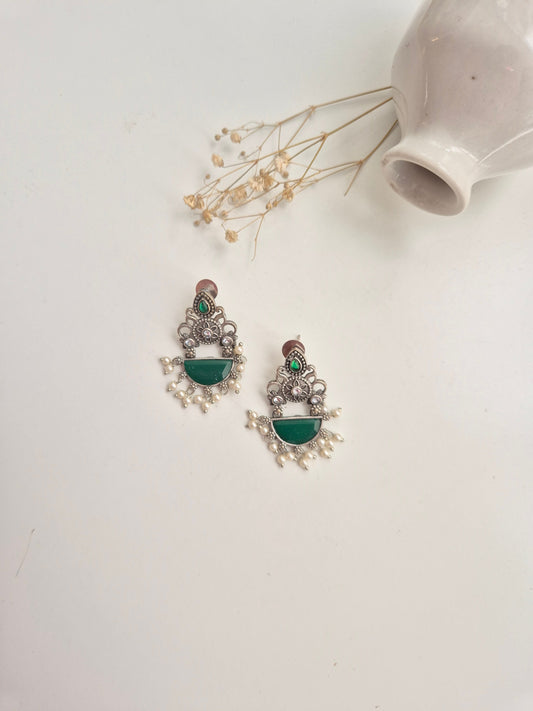 Nila Earrings, elegant green handcrafted oxidized dangle earrings for chic everyday wear.
