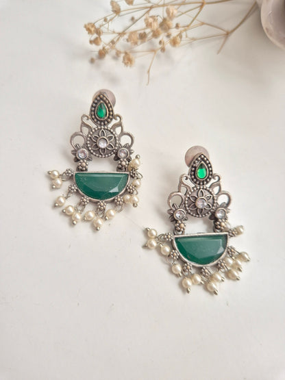 Nila Earrings, elegant green handcrafted oxidized dangle earrings for chic everyday wear.