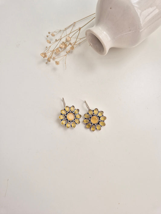 Ramya Earrings, yellow and red handcrafted oxidized dangle earrings, perfect for ethnic styling.