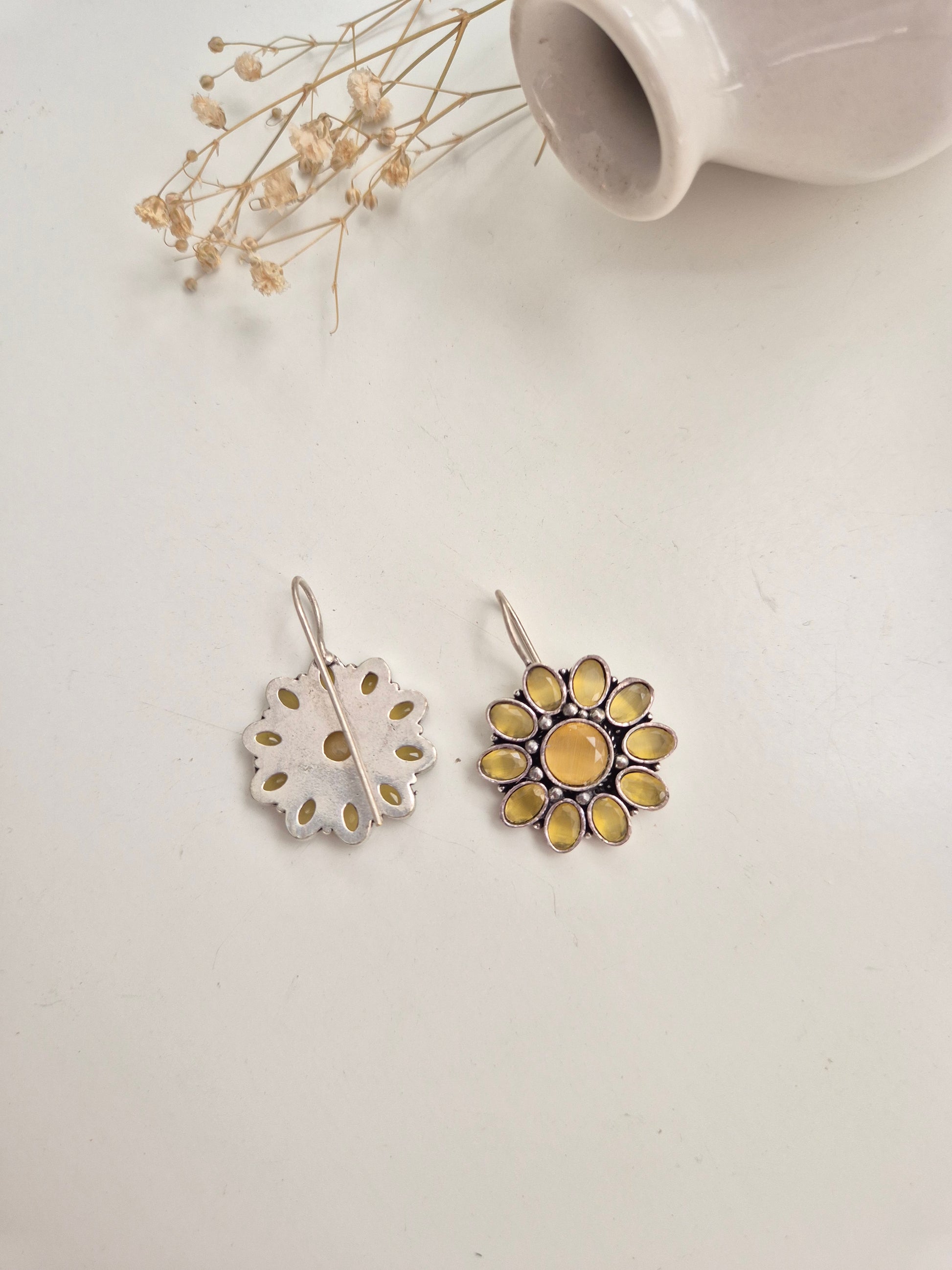 Ramya Earrings, yellow and red handcrafted oxidized dangle earrings, perfect for ethnic styling.
