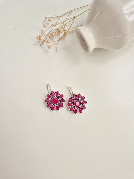 Rukmini Earrings, elegant pink and red handcrafted oxidized dangle earrings for all occasions.