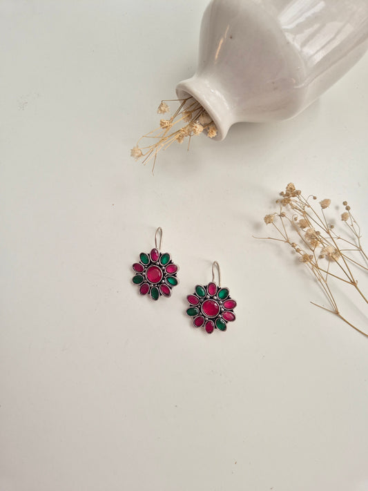 Smita Earrings, premium handcrafted oxidized red and silver dangle earrings, stylish ethnic wear.