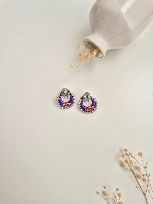 Sharda Earrings, purple and red handcrafted oxidized jewelry, distinct and versatile accessory.