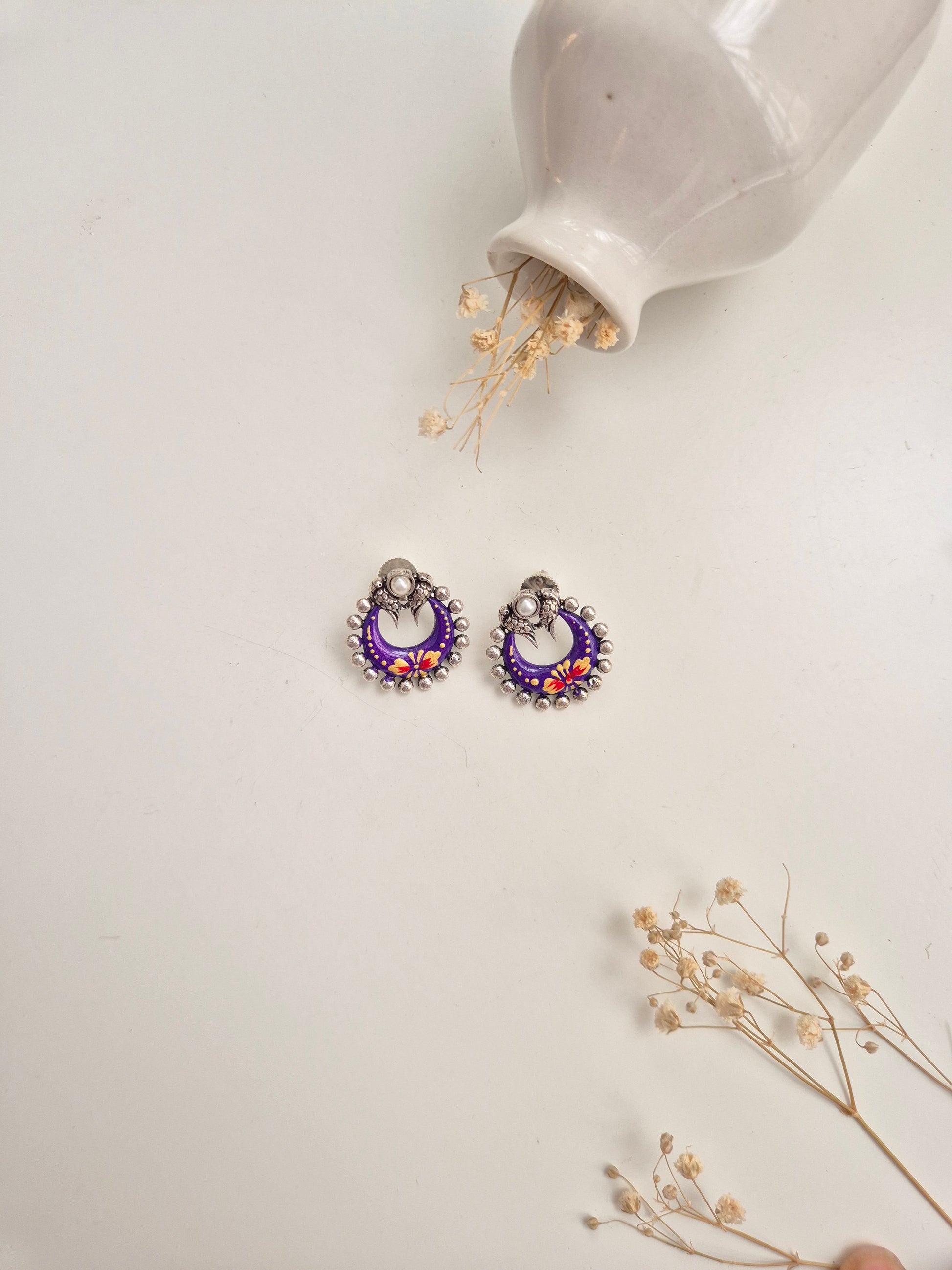 Sharda Earrings, purple and red handcrafted oxidized jewelry, distinct and versatile accessory.