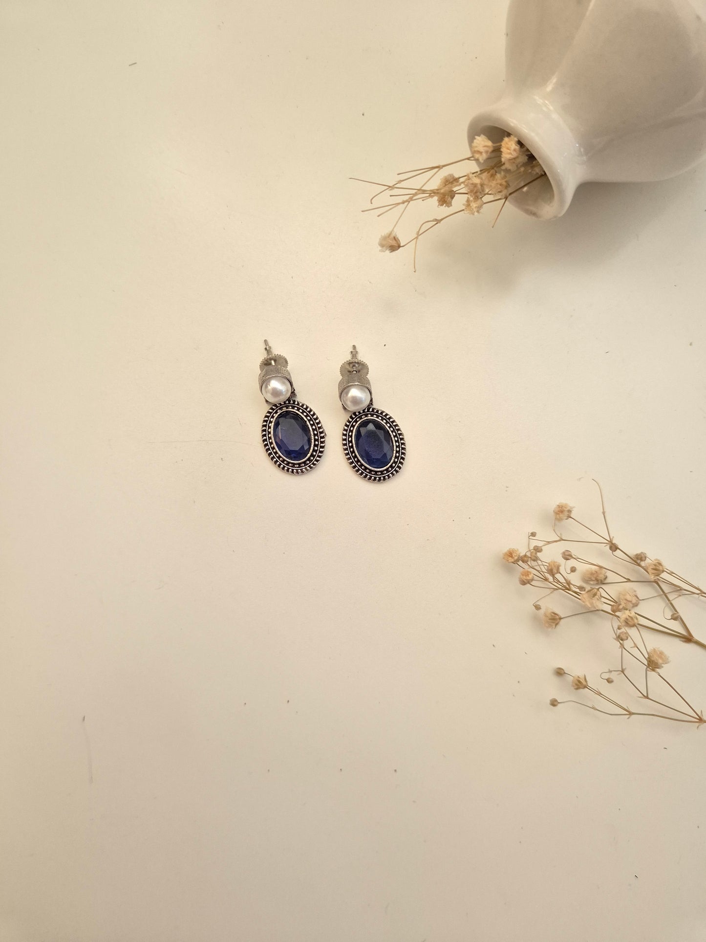 Himani Earrings, elegant handcrafted oxidized blue and silver dangle jewelry.