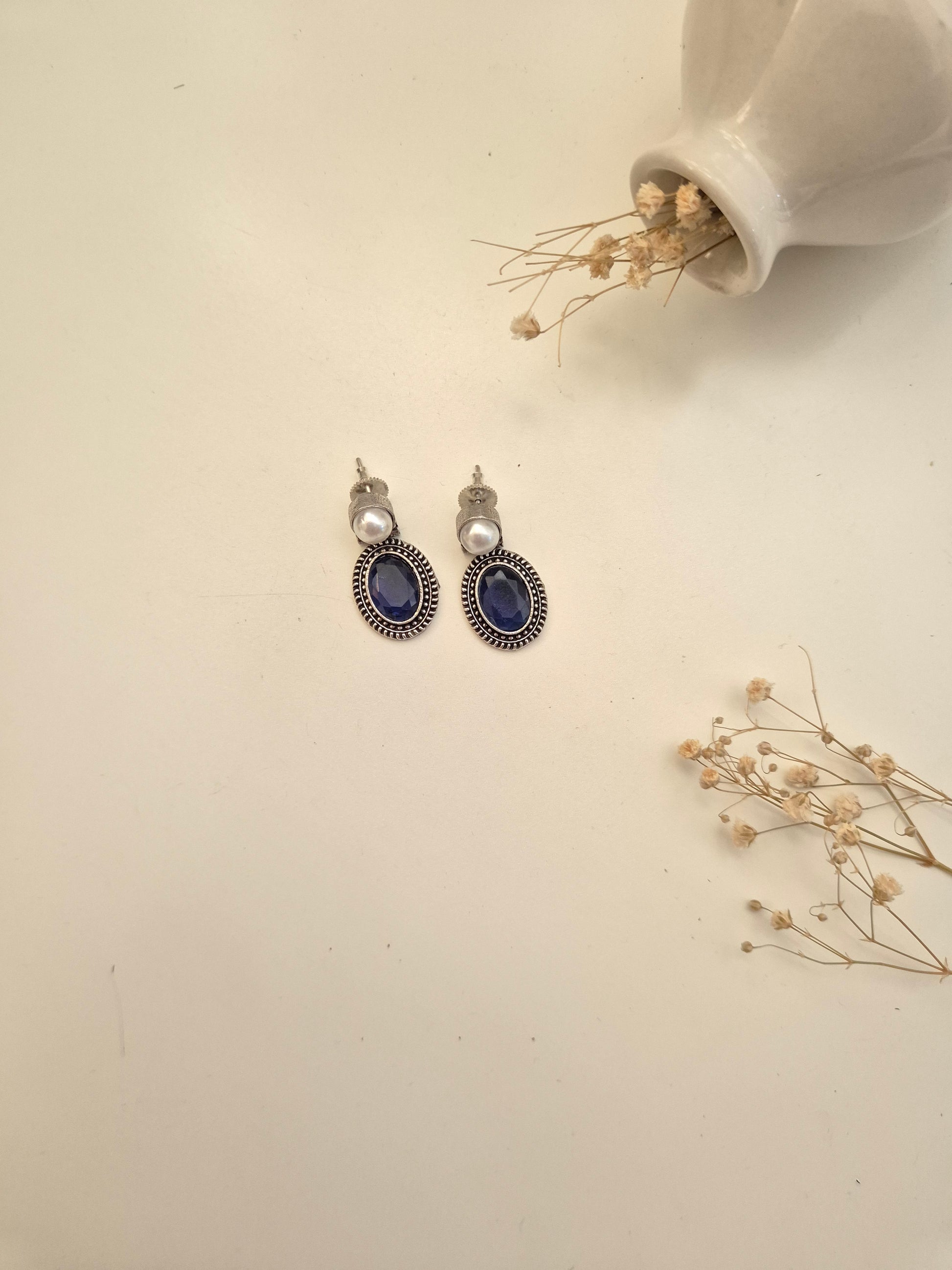 Himani Earrings, elegant handcrafted oxidized blue and silver dangle jewelry.