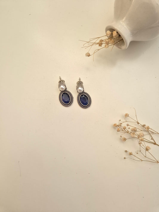 Himani Earrings, elegant handcrafted oxidized blue and silver dangle jewelry.