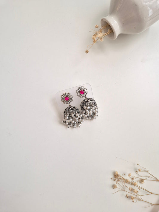 Handcrafted oxidized Nivedita Earrings with traditional silver look, lightweight and versatile.
