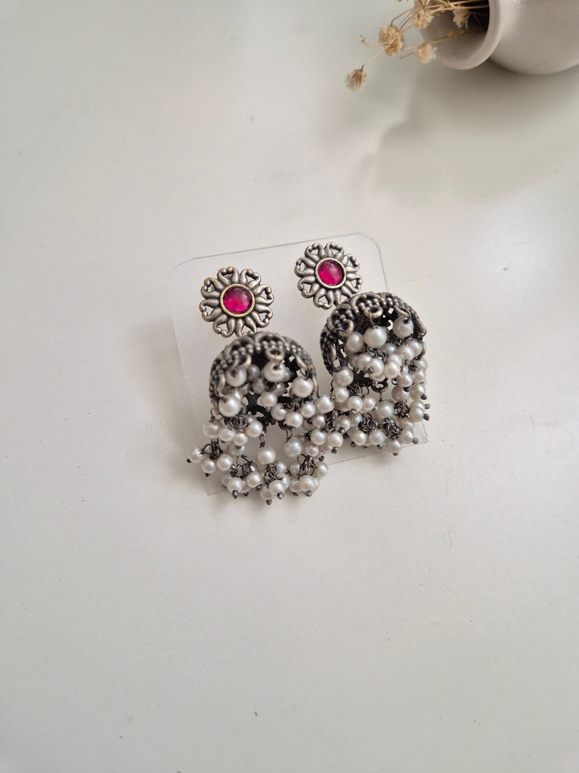 Handcrafted oxidized Nivedita Earrings with traditional silver look, lightweight and versatile.