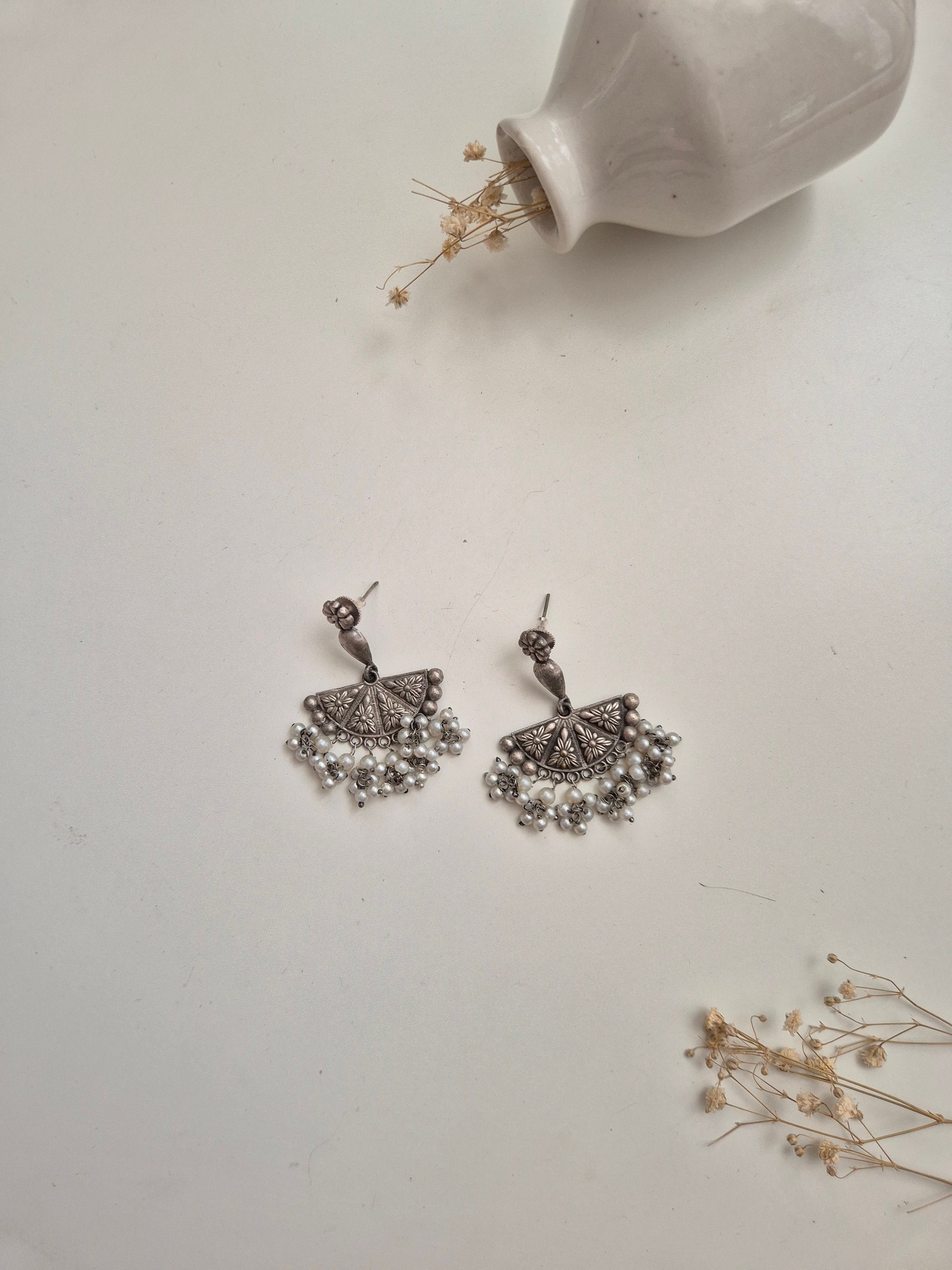 Ashwini Earrings with pearls, handcrafted oxidized jewelry for special events and daily wear.