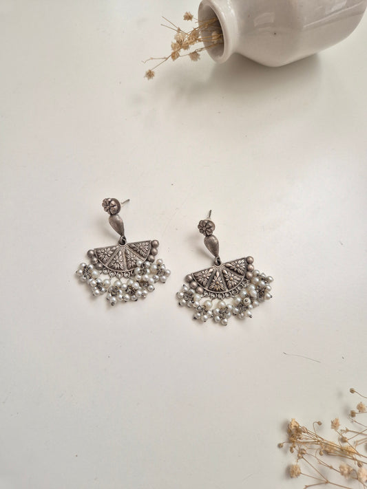 Ashwini Earrings with pearls, handcrafted oxidized jewelry for special events and daily wear.