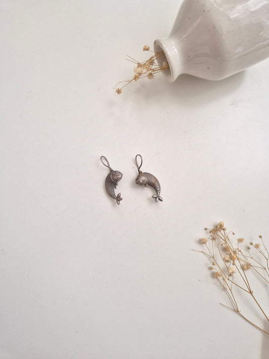 Handcrafted oxidized Hansika Earrings, lightweight silver drop style for women.