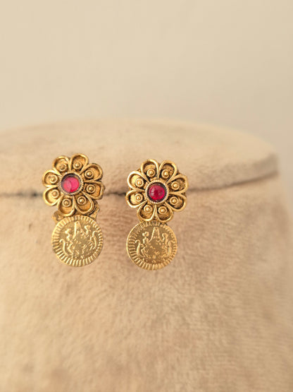 Gold-toned floral stud earrings with red stone centers and dangling coin charms from the Yamya necklace set.