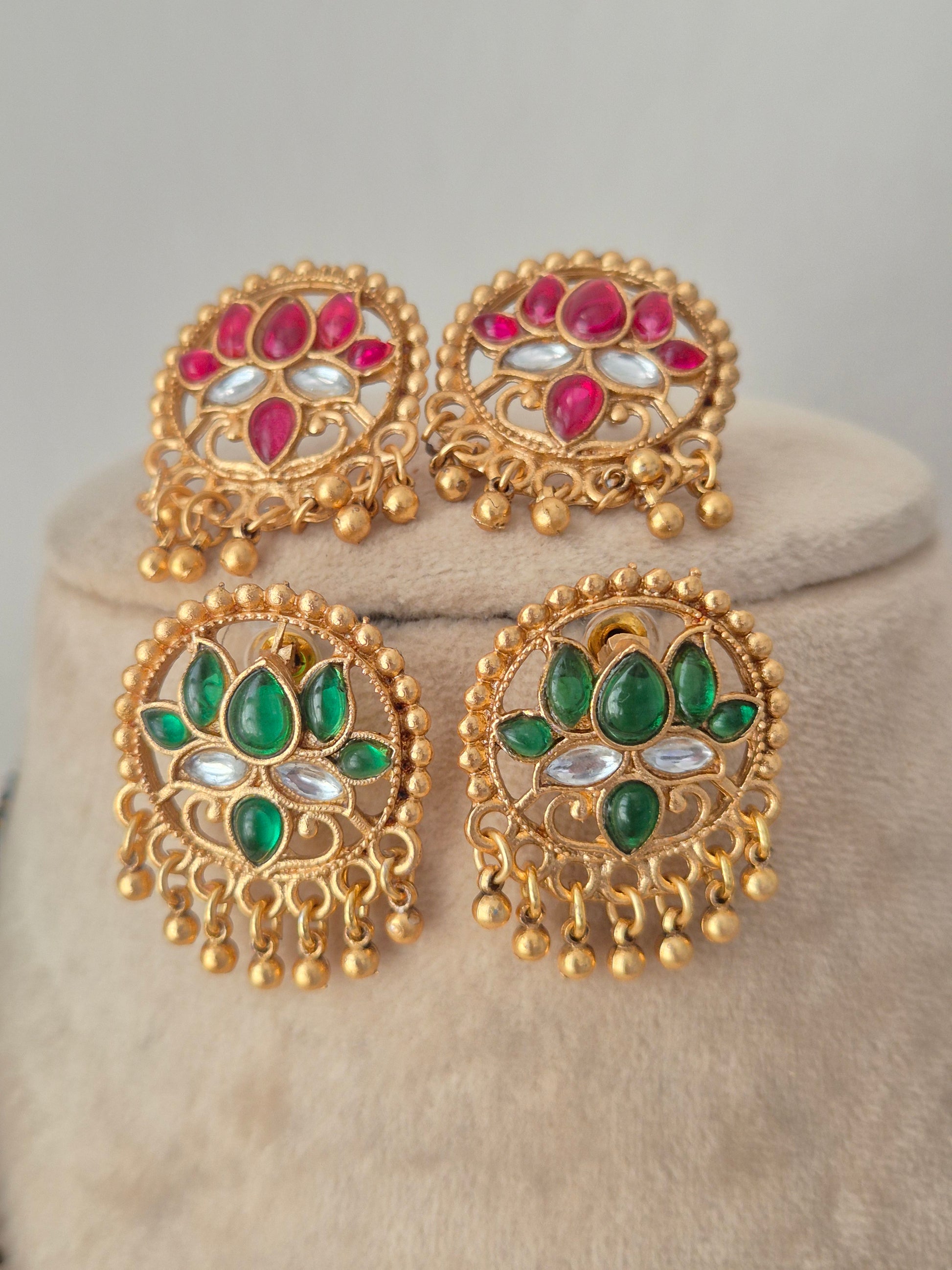 Reversible Ladita Mangalsutra stud earrings displayed in pink and green stone options